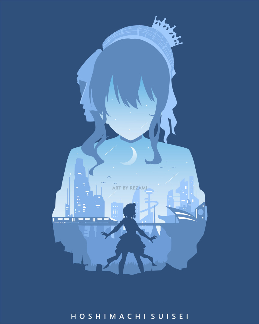 1girl, absurdres, artist_name, blue_theme, bow, bridge, building, character_name
