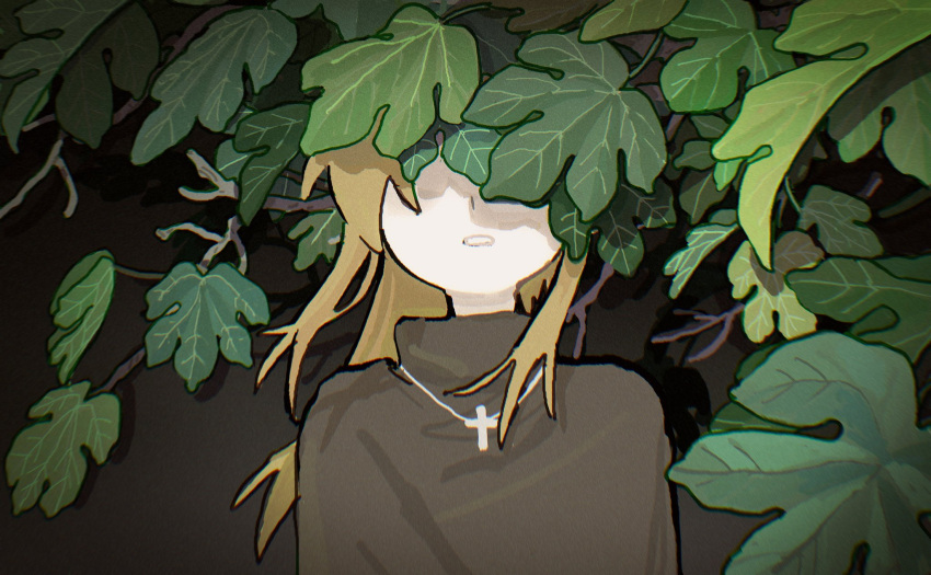 1boy, blonde_hair, covered_eyes, cross, cross_necklace, degrees_of_lewdity, grey_sweater, highres, jewelry, leaf, long_hair, necklace, octopus_dol, solo, sweater, sydney_(degrees_of_lewdity), sydney_(male)_(degrees_of_lewdity), upper_body