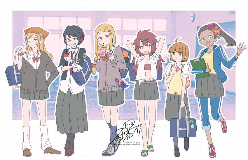 6+girls, :d, absurdres, alchemist_(sekaiju), alchemist_2_(sekaiju), arms_behind_head, bag, bard_(sekaiju)