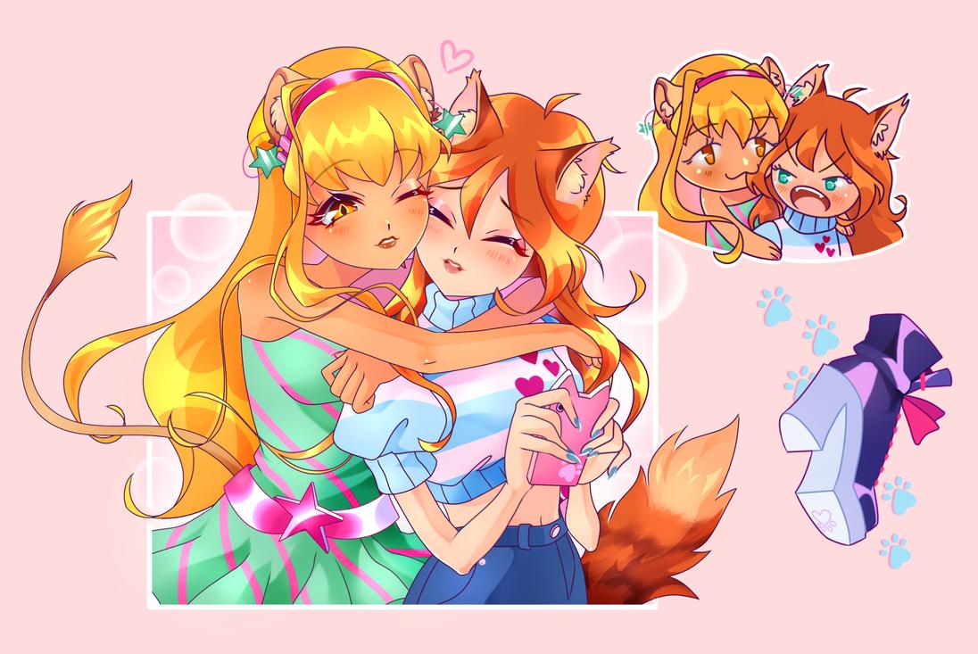 2girls, :3, ahoge, animal_ear_fluff, animal_ears, annoyed, aqua_eyes, arms_around_neck