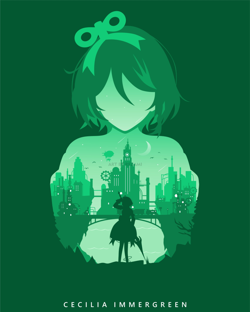 1girl, absurdres, aircraft, airship, artist_name, bridge, building, cecilia_immergreen