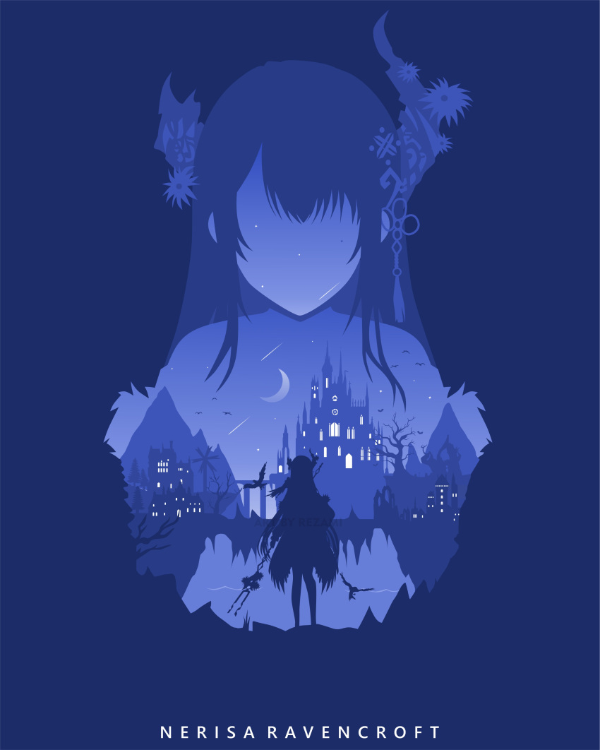1girl, absurdres, artist_name, asymmetrical_horns, building, character_name, crescent_moon, highres