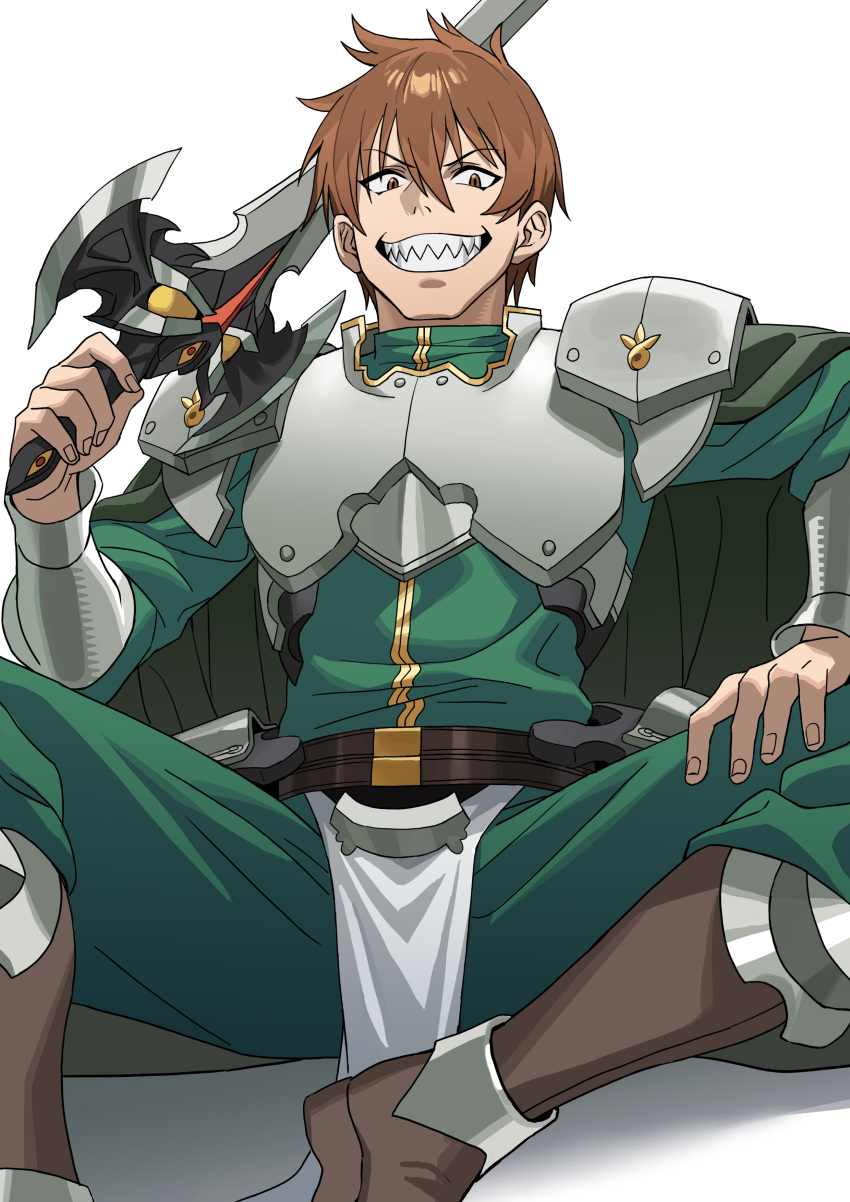 1boy, absurdres, armor, boots, brown_eyes, brown_hair, cape, chaos_(weapon)