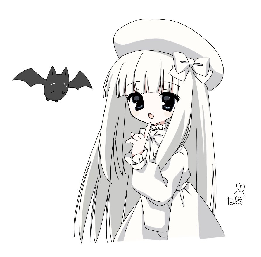 :d, bat_(animal), beret, blunt_bangs, blush, bow, deformed, dress