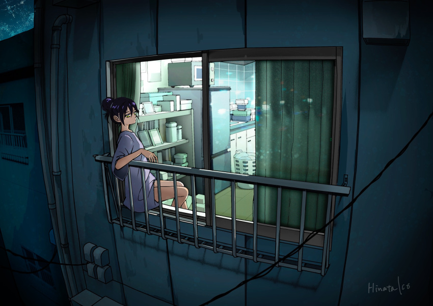 1girl, air_conditioner, artist_name, balcony, black_hair, cable, cigarette, city_lights