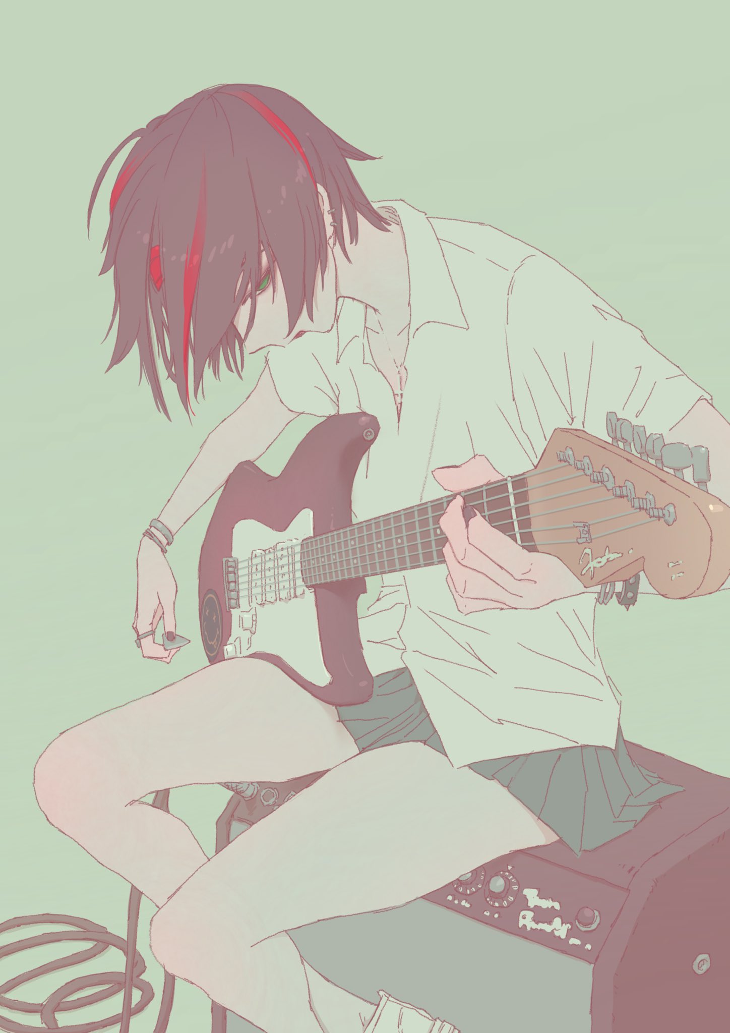 amplifier, black_hair, bracelet, commentary_request, crow_(nikke), electric_guitar, goddess_of_victory:_nikke, guitar