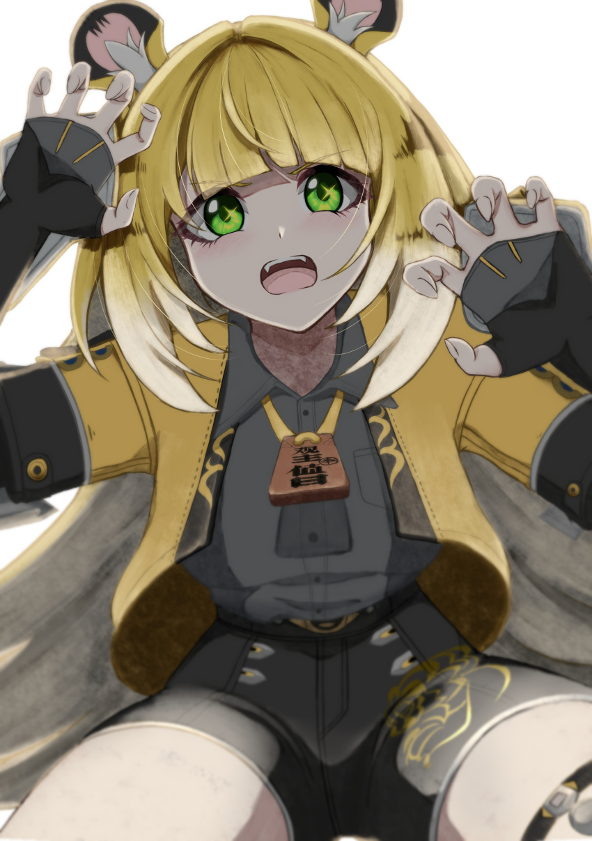 1girl, absurdres, animal_ears, black_gloves, black_shirt, black_shorts, blonde_hair, claw_pose, elbow_gloves, fuji4o, gloves, green_eyes, highres, jacket, ju_fufu, long_hair, multicolored_hair, open_mouth, shirt, shorts, solo, teeth, thigh_strap, tiger_ears, tiger_girl, two-tone_hair, upper_teeth_only, white_hair, yellow_jacket, zenless_zone_zero