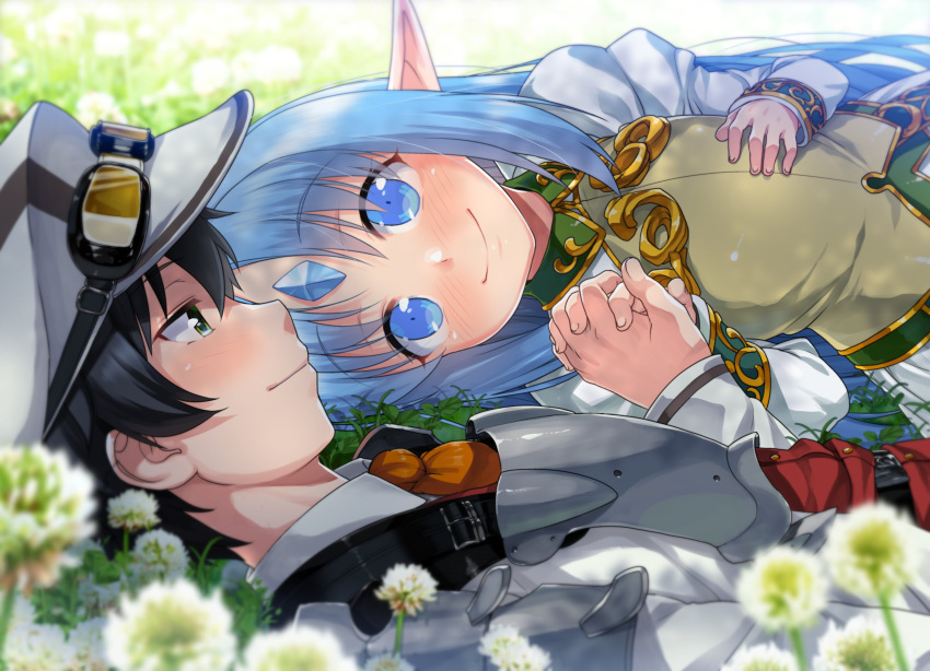 1boy, 1girl, absurdres, black_hair, blue_eyes, blue_hair, commentary, commission