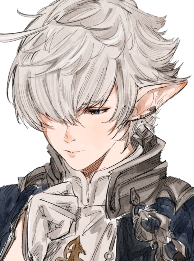 1boy, alphinaud_leveilleur, arm_up, blue_eyes, blue_jacket, closed_mouth, collared_jacket, collared_shirt, earrings, final_fantasy, final_fantasy_vii, final_fantasy_vii_remake, gloves, hair_over_one_eye, hutaba_0718, jacket, jewelry, long_pointy_ears, looking_down, male_focus, one_eye_covered, open_clothes, open_jacket, parted_bangs, piercing, pointy_ears, popped_collar, portrait, shirt, simple_background, single_earring, solo, white_background, white_gloves, white_hair, white_shirt