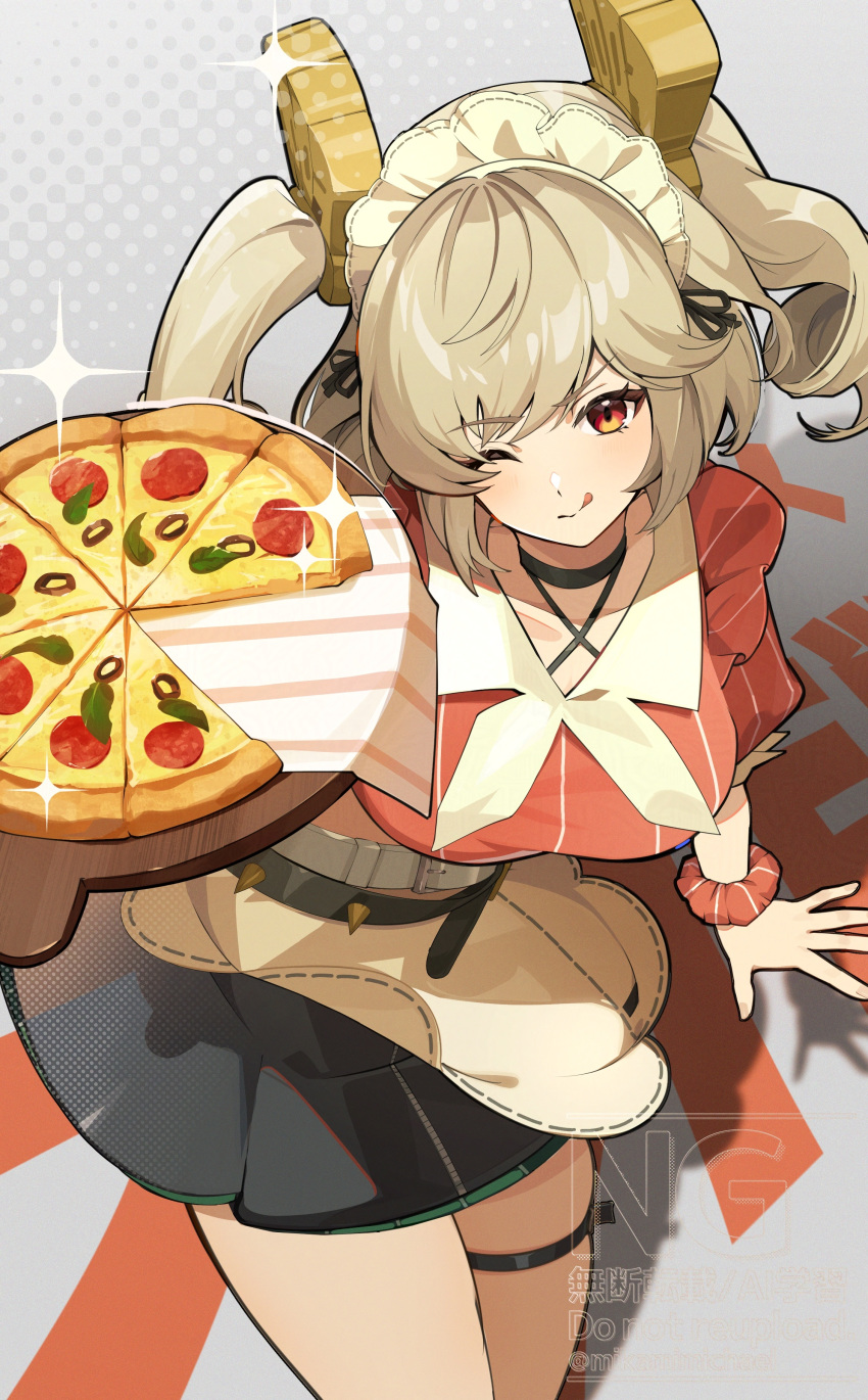 1girl, absurdres, black_skirt, blonde_hair, burnice_white, burnice_white_(operation_yum_2025), closed_mouth, food, highres, holding, holding_plate, looking_at_viewer, medium_hair, mikami_michael, official_alternate_costume, one_eye_closed, pink_shirt, pizza, plate, red_eyes, shirt, skirt, smile, solo, thigh_strap, tongue, tongue_out, twintails, zenless_zone_zero