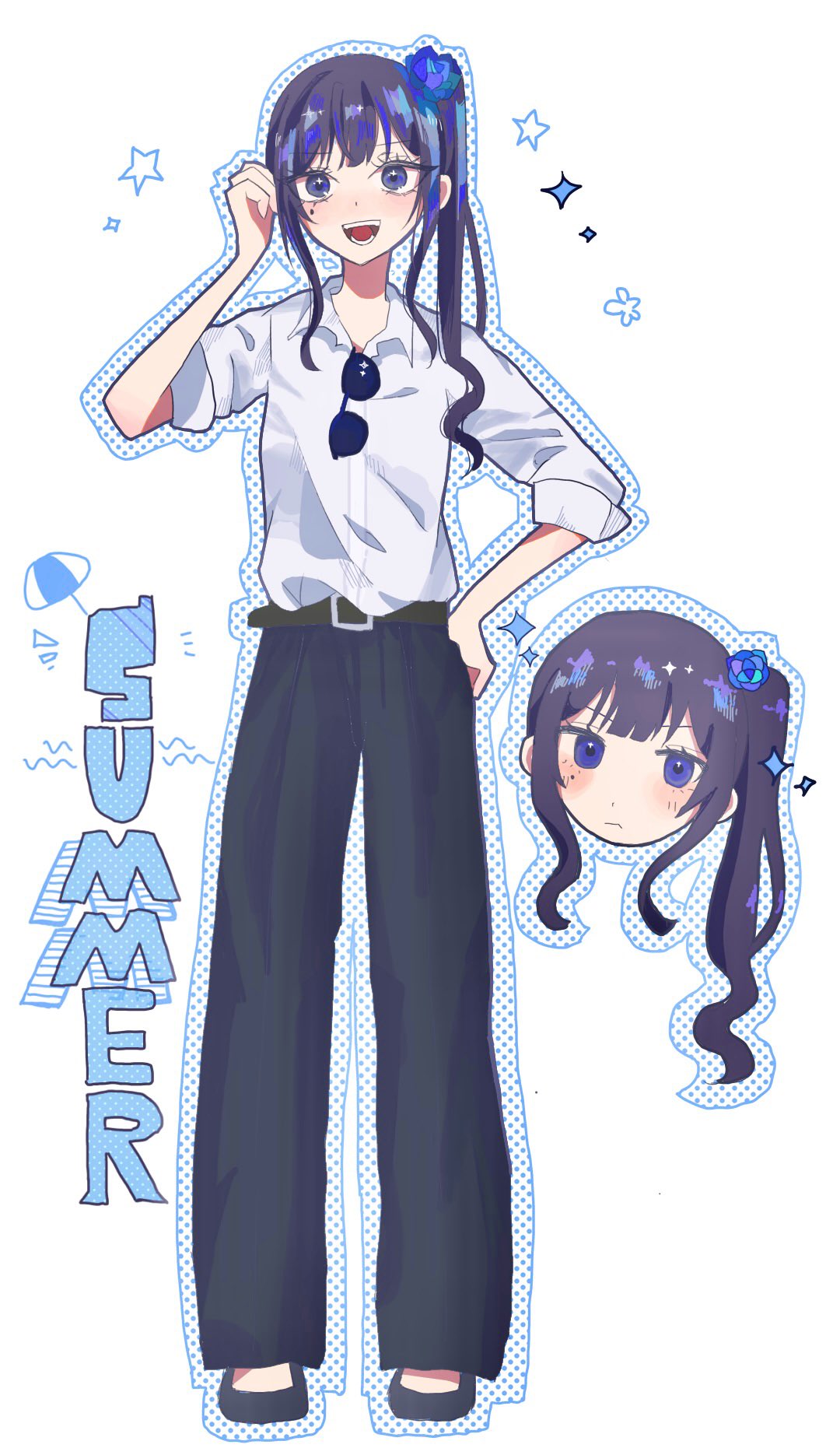 1girl, ado_(utaite), belt, black_belt, black_hair, black_pants, blue_eyes, blue_flower