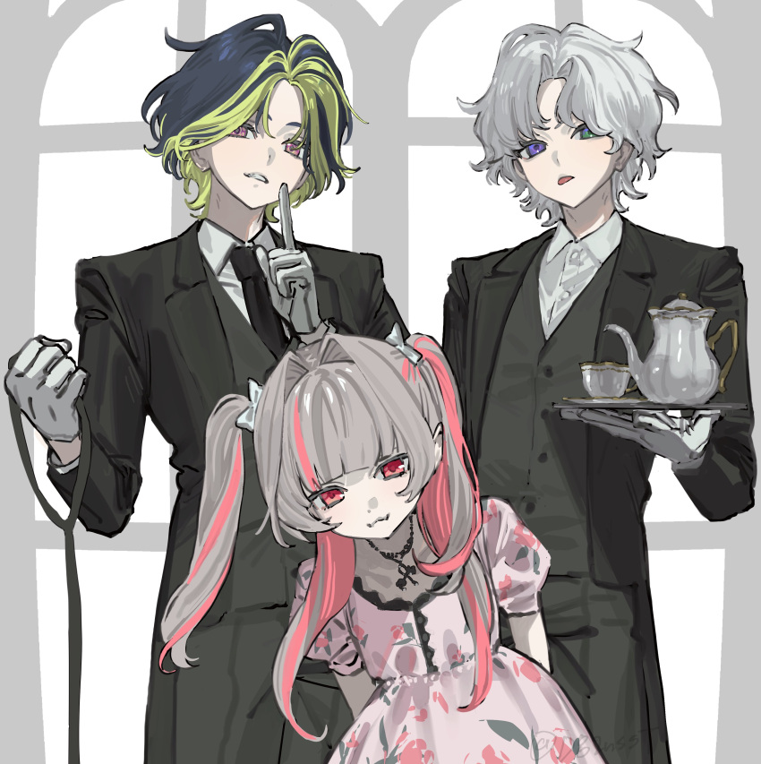 1girl, 2boys, absurdres, black_hair, black_necktie, black_pants, black_suit, black_vest