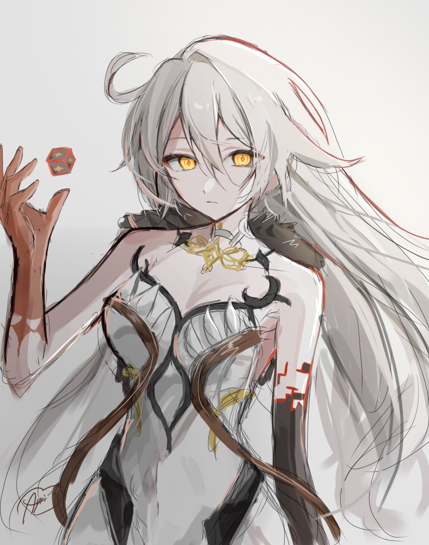 1girl, absurdres, ahoge, ayateru_(ayaki_geme), bare_arms, bare_shoulders, black_fur, breasts
