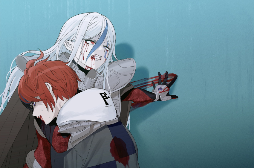 1boy, 1girl, 4oji344, ahoge, blood, blood_from_mouth, blood_trail, carrying, carrying_person, heterochromia, highres, hood, hoodie, long_hair, red_hair, short_hair, spoilers, sumino_takumi, the_hundred_line_-last_defense_academy-, v'ehxness, white_hair