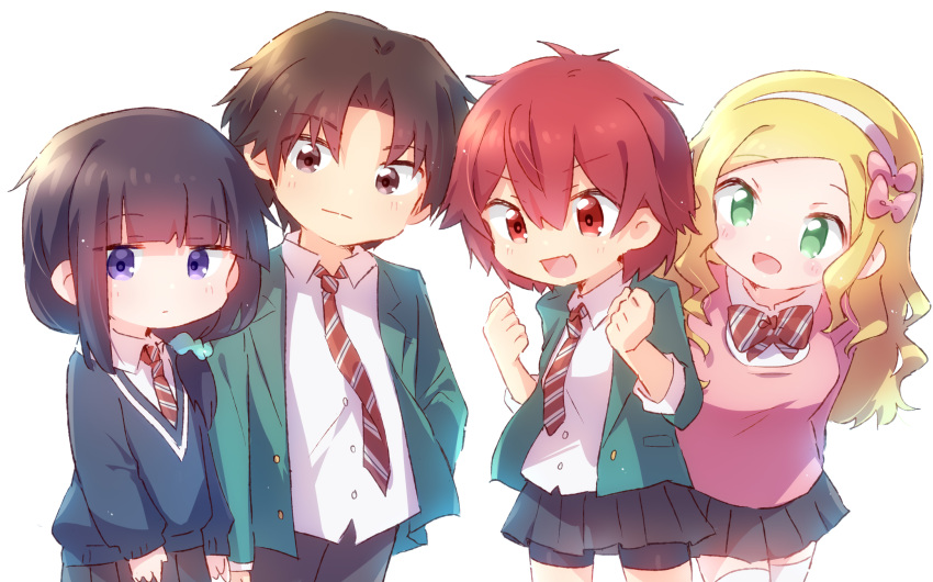 1boy, 3girls, aizawa_tomo, bike_shorts, bike_shorts_under_skirt, black_hair, black_pants, black_shorts