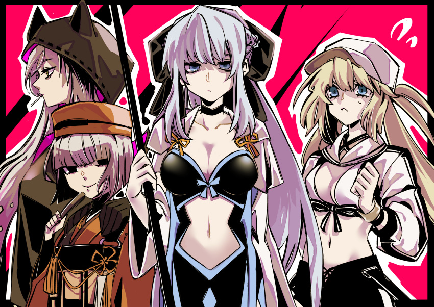 4girls, absurdres, artoria_caster_(fate), artoria_caster_(swimsuit_berserker)_(fate), artoria_caster_(swimsuit_berserker)_(first_ascension)_(fate), artoria_pendragon_(fate), black_bow, black_eyes