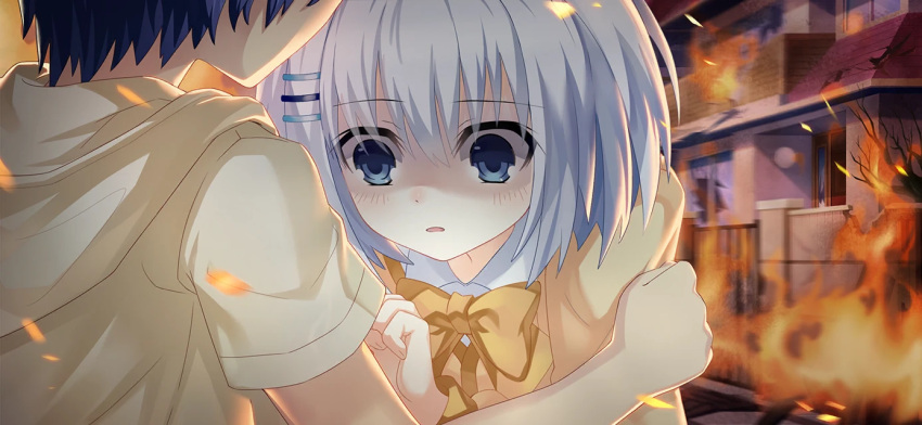 1boy, 1girl, blue_eyes, blue_hair, bow, bowtie, date_a_live, date_a_live:_spirit_pledge, fiery_background, fire, game_cg, hair_ornament, hairclip, hood, hoodie, house, itsuka_shido, official_art, open_mouth, shaded_face, shirt, short_hair, third-party_source, tobiichi_origami, white_hair