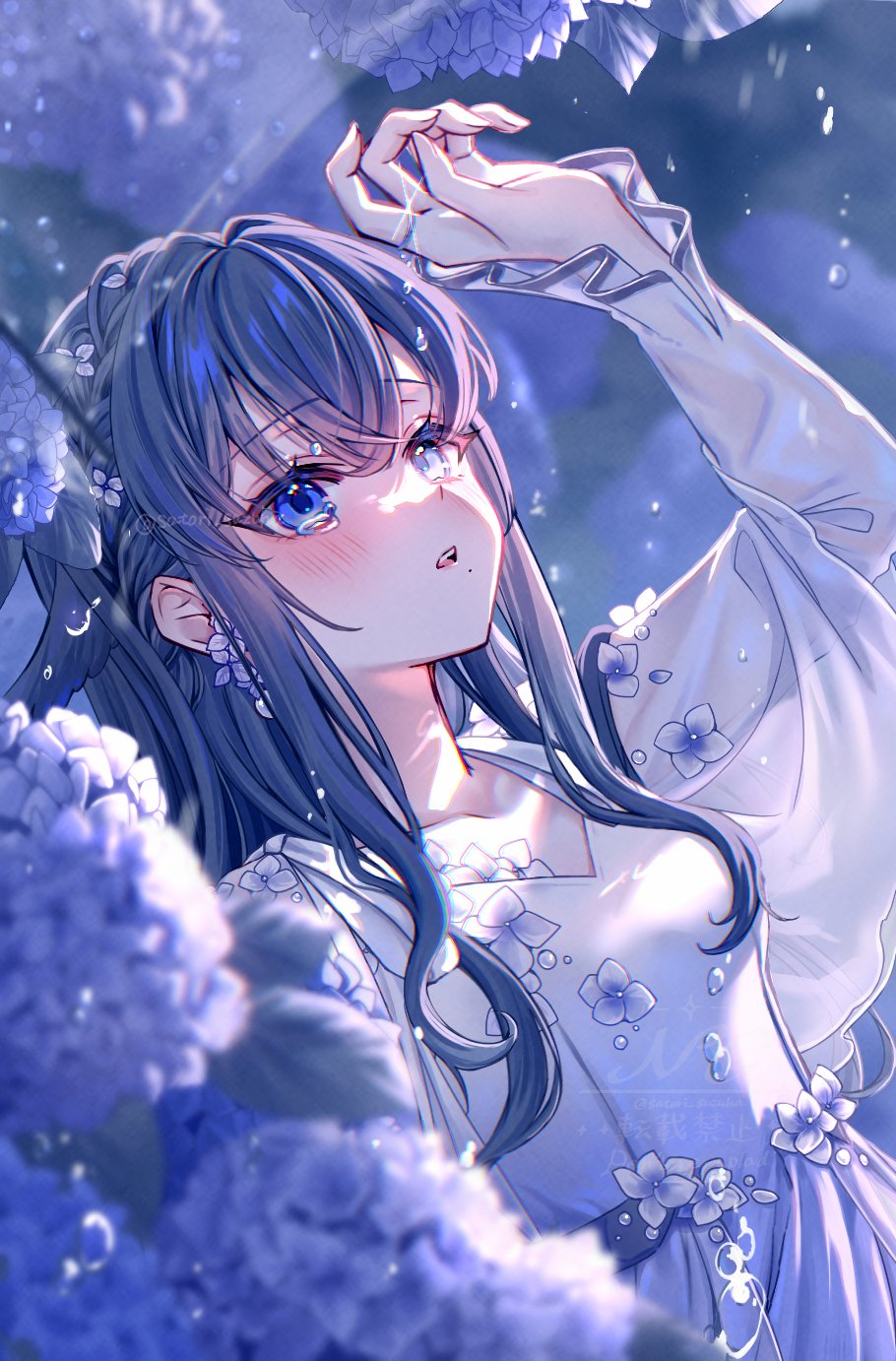 1girl, blue_eyes, blue_hair, blurry, blurry_foreground, blush, collarbone, depth_of_field