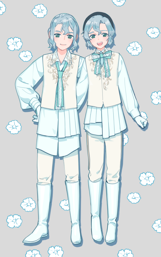 2boys, :d, aqua_bow, aqua_bowtie, aqua_necktie, ayuming, beret, black_hat