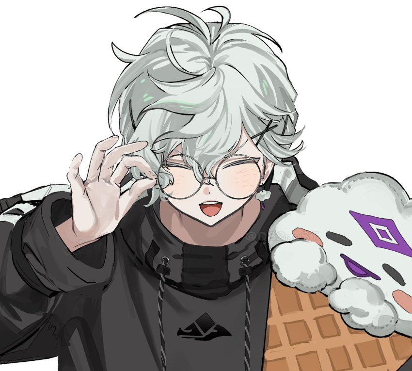 1boy, :d, black_sweater, closed_eyes, cloud_earrings, earrings, facing_viewer, glasses