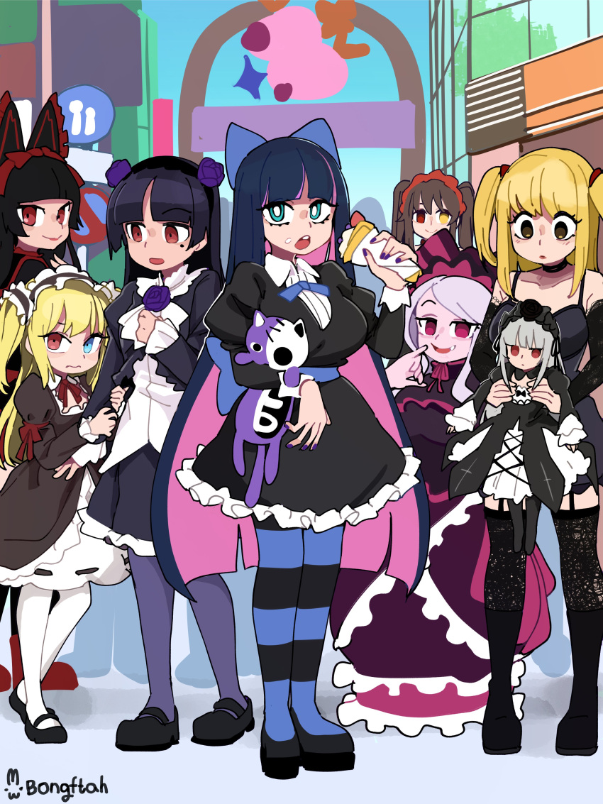 6+girls, absurdres, amane_misa, black_dress, black_hair, black_thighhighs, blonde_hair, blunt_bangs