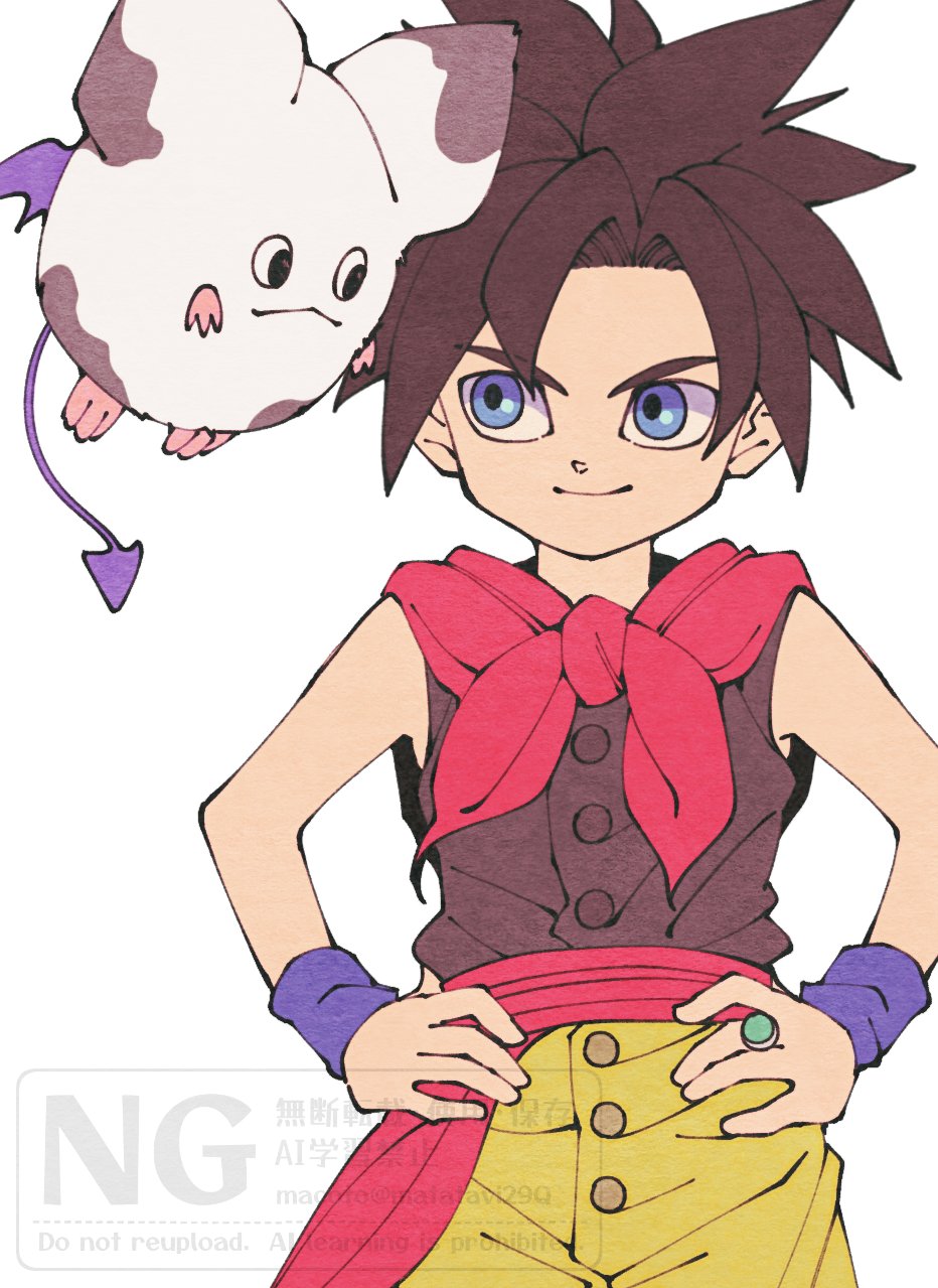 1boy, 1other, 29qmatatavi, bat_wings, black_hair, black_vest, blue_eyes, child