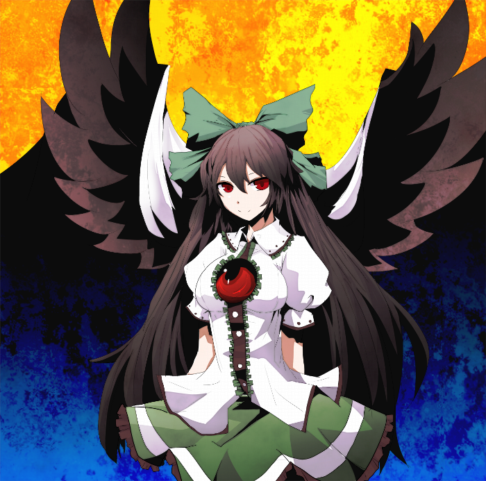 bad_id, black_hair, blush, bow, breasts, cape, hair_bow, long_hair