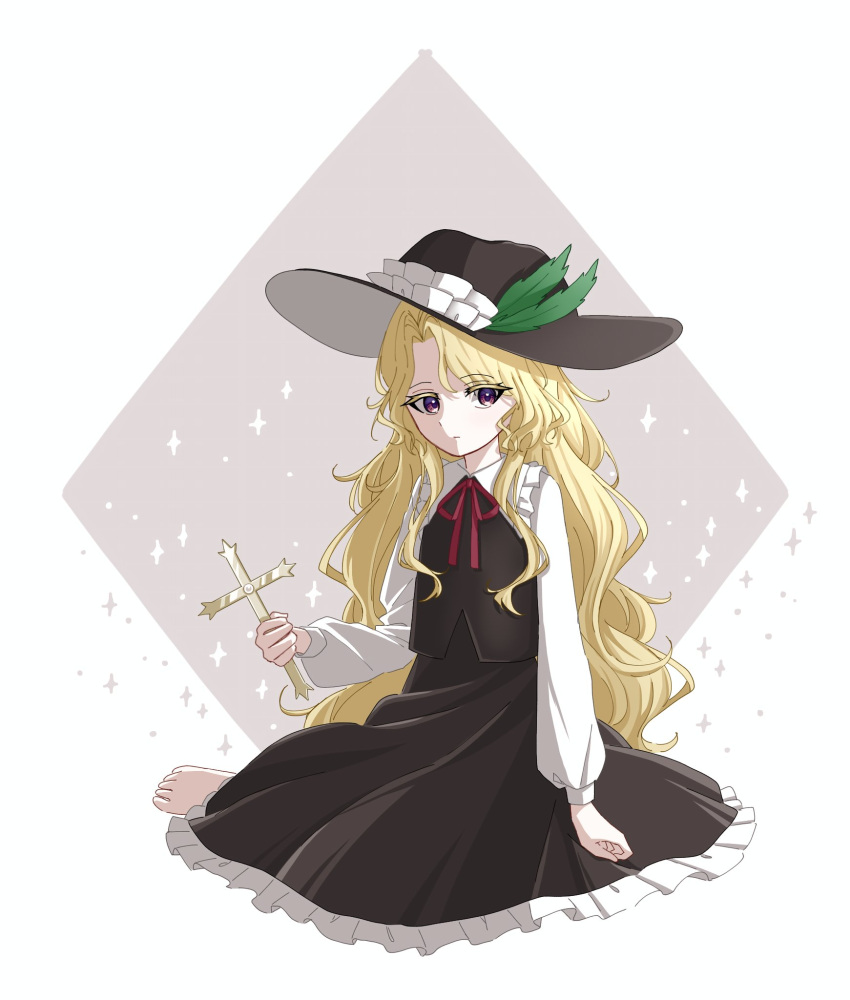 1girl, barefoot, blonde_hair, brown_hat, brown_skirt, brown_vest, closed_mouth, commentary_request