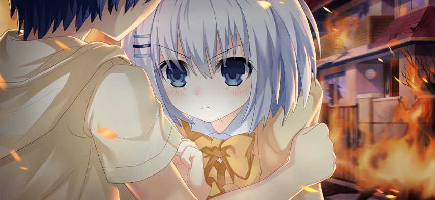 1boy, 1girl, aged_down, blue_eyes, blue_hair, bow, bowtie, date_a_live, date_a_live:_spirit_pledge, fiery_background, fire, game_cg, hair_ornament, hood, hoodie, house, itsuka_shido, official_art, shirt, short_hair, short_sleeves, third-party_source, tobiichi_origami, v-shaped_eyebrows, white_hair