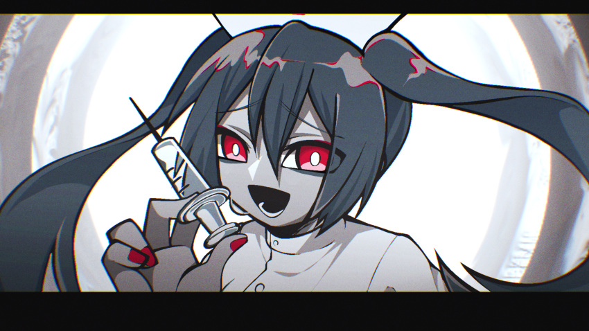 1girl, :d, blue_hair, chromatic_aberration, commentary_request, fingernails, hair_between_eyes, hatsune_miku, highres, holding, holding_syringe, long_hair, lower_teeth_only, magical_doctor_(vocaloid), nail_polish, neko_7567, partial_commentary, pillarboxed, red_eyes, red_nails, shirt, smile, solo, syringe, teeth, twintails, very_long_hair, vocaloid, white_shirt