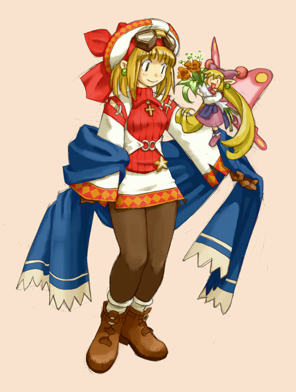 cornet, dress, flower, footwear, gloves, goggles, green_eyes, happy