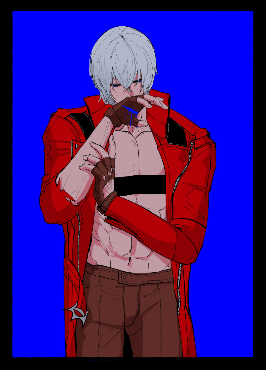 1boy, abs, absurdres, arm_up, bare_pectorals, black_border, black_gloves, blue_background, blue_eyes, border, brown_pants, chest_strap, coat, collarbone, crossed_bangs, dante_(devil_may_cry), devil_may_cry_(series), devil_may_cry_3, fingerless_gloves, glove_cutout, gloves, hair_between_eyes, highres, long_sleeves, male_focus, mauli0889, navel, pants, pectorals, red_coat, short_hair, solo, standing, torn_clothes, torn_sleeve, unzipped, white_hair, wiping_face, zipper
