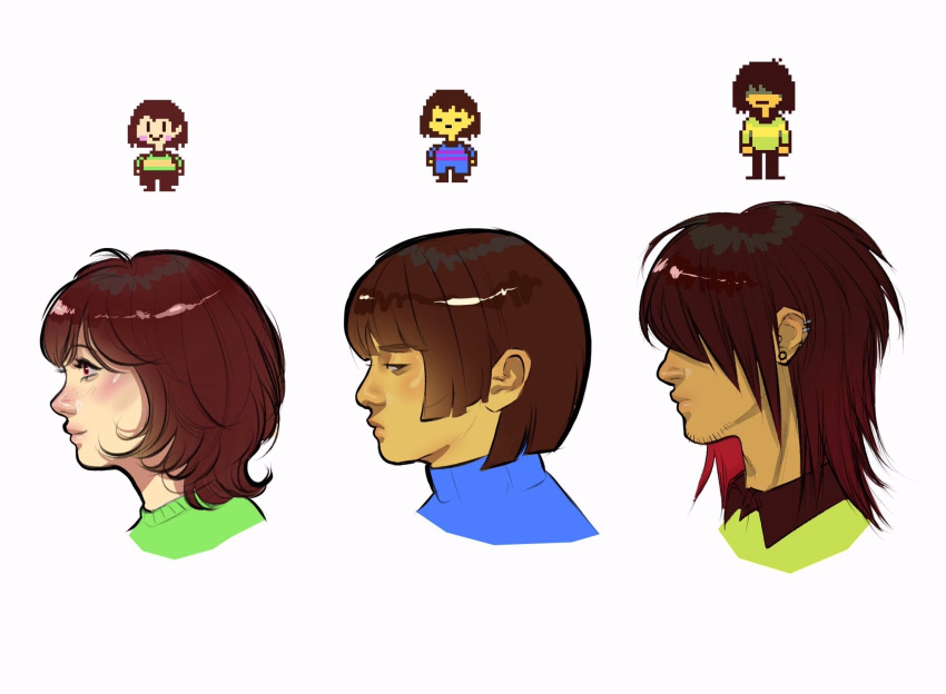 3others, blue_sweater, blunt_ends, blush, brown_hair, chara_(undertale), closed_mouth, colored_skin