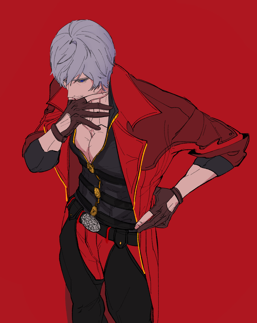 1boy, absurdres, arm_up, bare_pectorals, belt, belt_buckle, black_belt, black_vest
