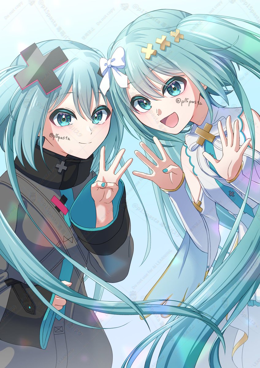 2girls, aqua_eyes, aqua_hair, aqua_nails, aqua_necktie, batsu_miku, bow, closed_mouth