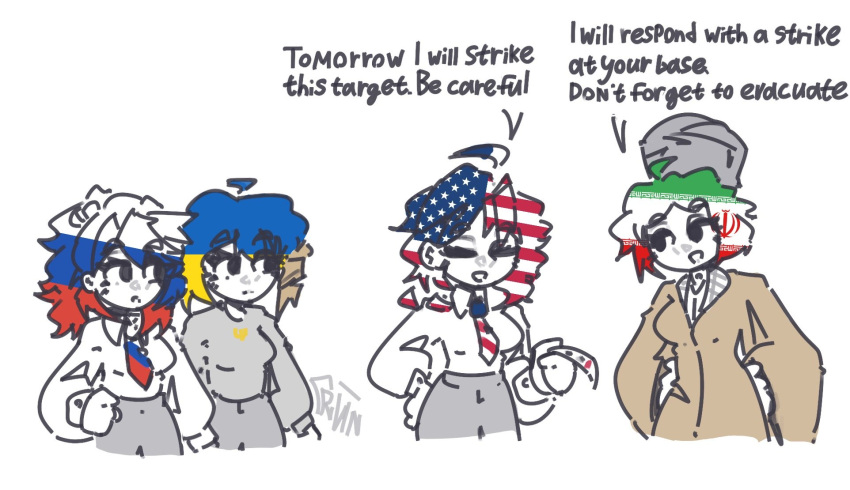 4girls, :d, american_flag, brown_jacket, closed_eyes, english_text, grey_pants, highres