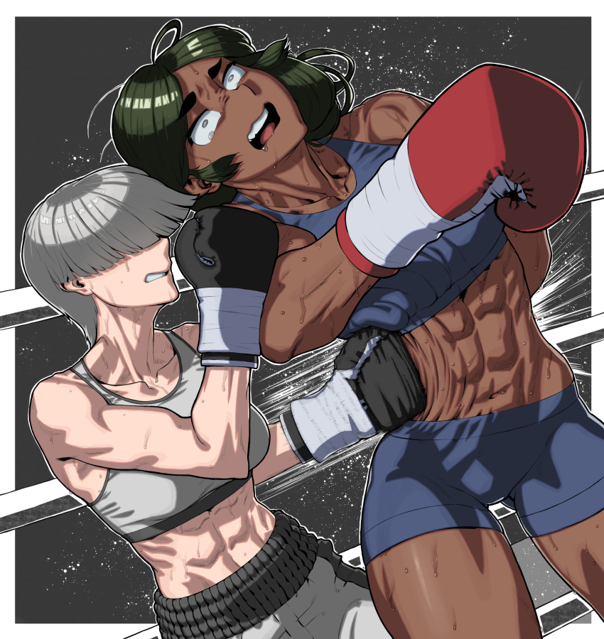 2girls, bowl_cut, boxing, catfight, collarbone, dark_skin, grey_hair, grey_sports_bra