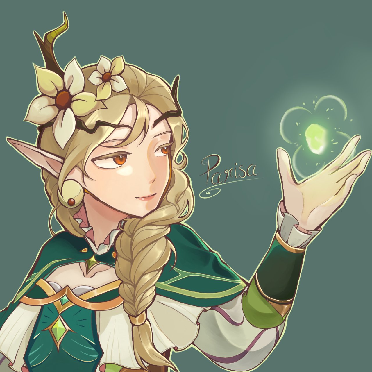 1girl, afk_(series), afk_journey, blonde_hair, braid, brown_eyes, brutal_human, closed_mouth, dress, elf, flower, green_background, hair_flower, hair_ornament, headpiece, highres, jewelry, long_hair, long_sleeves, looking_to_the_side, outline, parisa_(afk), pointy_ears, side_braid, simple_background, solo, upper_body, white_outline