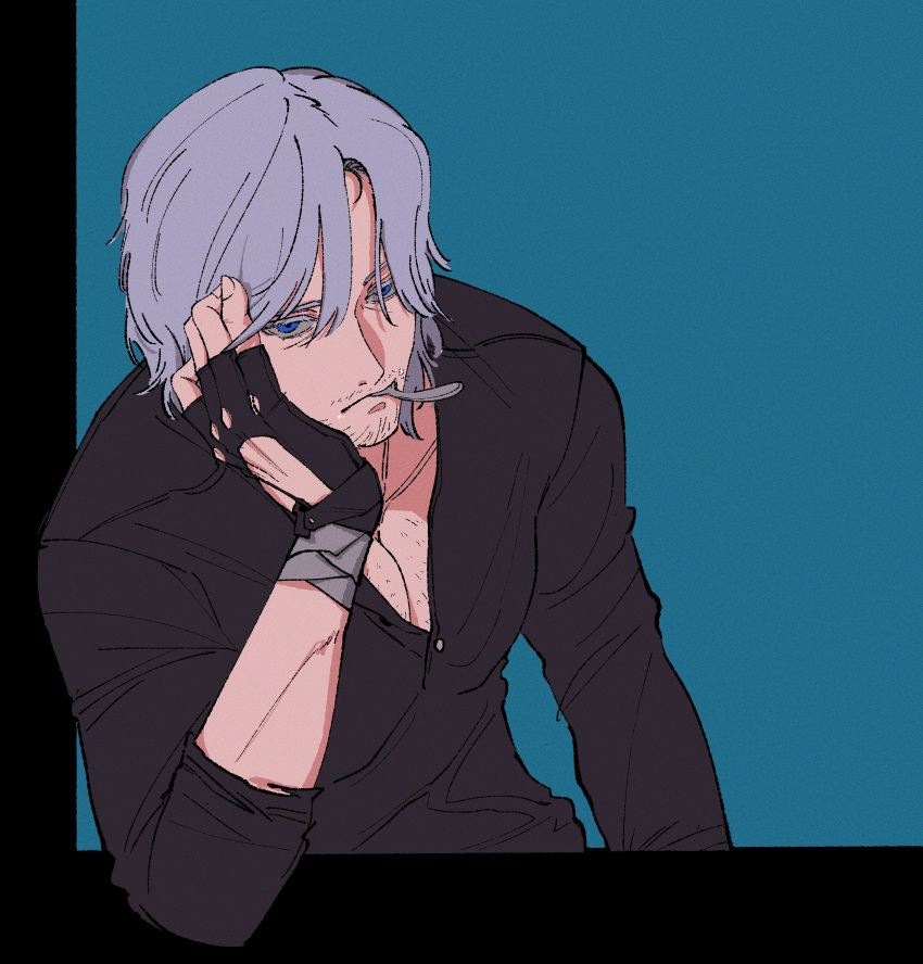 1boy, absurdres, beard_stubble, black_gloves, black_shirt, blue_background, blue_eyes, chest_hair