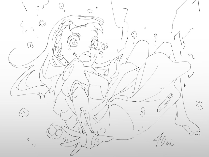 1girl, air_bubble, assassin_(pencilblood76), barefoot, braid, breasts, bubble, center-flap_bangs, commentary_request, completion_time, dress, full_body, greyscale, hasu_no_sora_school_uniform, highres, kachimachi_kosuzu, lineart, link!_like!_love_live!, long_hair, looking_at_viewer, love_live!, medium_breasts, medium_dress, monochrome, neckerchief, open_hand, open_mouth, pleated_dress, puffy_short_sleeves, puffy_sleeves, school_uniform, short_sleeves, side_braids, solo, summer_uniform, teeth, underwater, upper_teeth_only, virtual_youtuber
