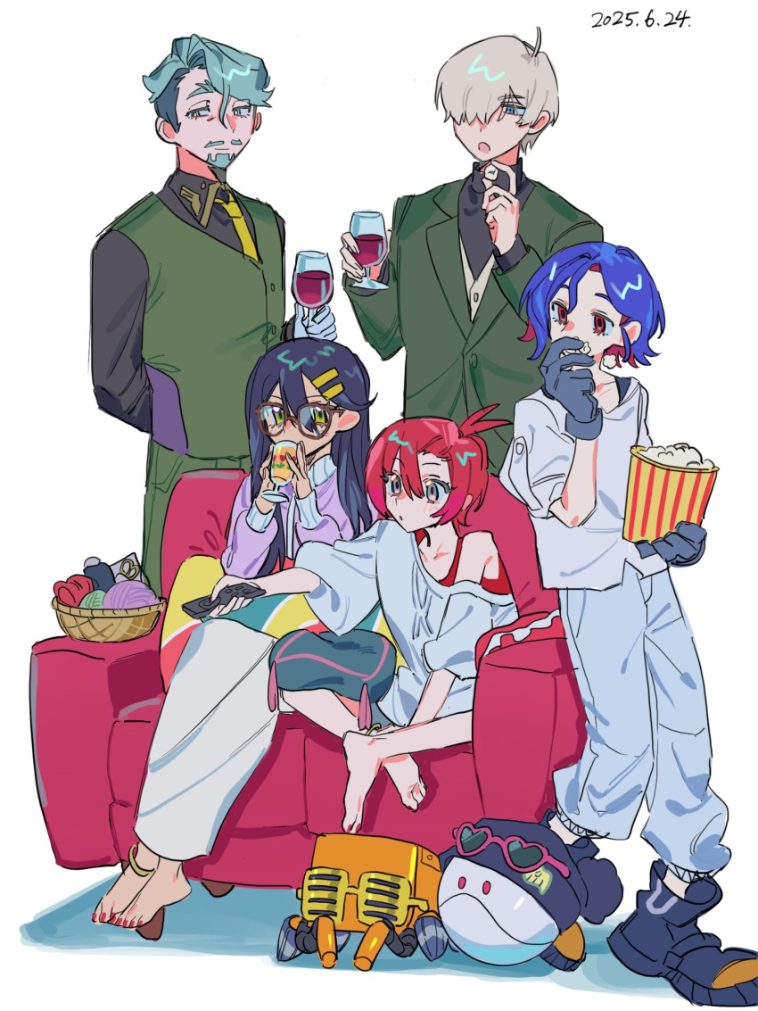 2girls, 3boys, amate_yuzuriha, aqua_eyes, beard, black_hair, black_shirt, blonde_hair