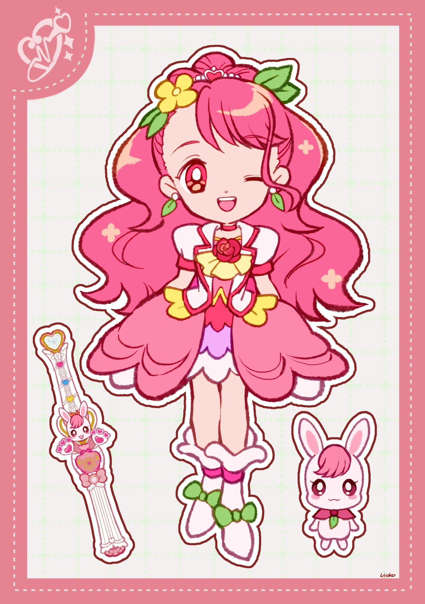 1girl, animal, ascot, asymmetrical_bangs, beads, boots, border, bow