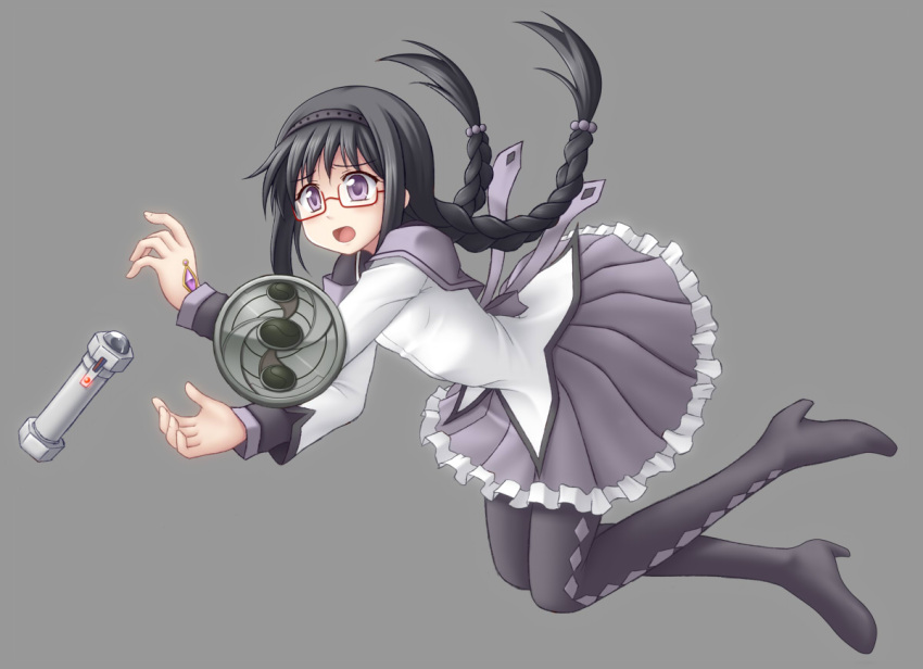 akemi_homura, argyle, argyle_legwear, argyle_pantyhose, black_hair, braid, glasses, long_hair