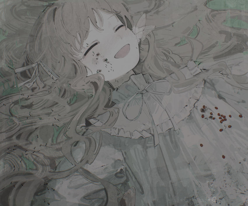 1girl, absurdres, ant, brown_hair, bug, butterfly, butterfly_on_face, closed_eyes
