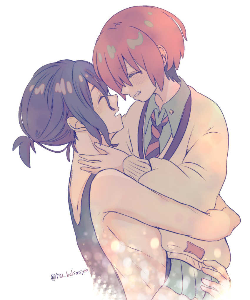 1boy, 1girl, absurdres, amate_yuzuriha, blue_hair, blush, carrying, child_carry