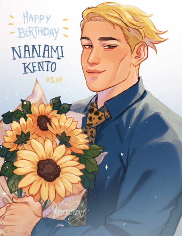 1boy, animal_print, blonde_hair, bouquet, brown_eyes, character_name, commentary, dated