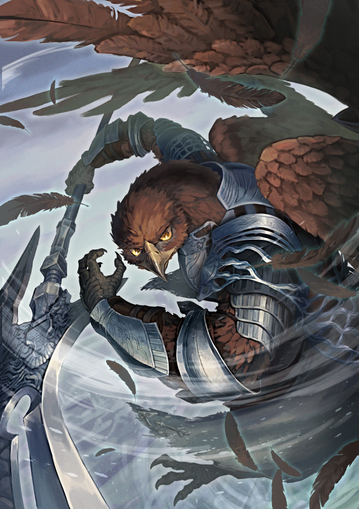 1boy, armor, beak, bird_boy, breastplate, commentary_request, dynamic_pose, elden_ring, elden_ring_nightreign, falling_feathers, feathers, furry, furry_male, gauntlets, guardian_(elden_ring), hatiue_(hachi), holding, holding_polearm, holding_weapon, looking_at_viewer, male_focus, orange_eyes, pauldrons, polearm, shoulder_armor, solo, weapon, wind, wings