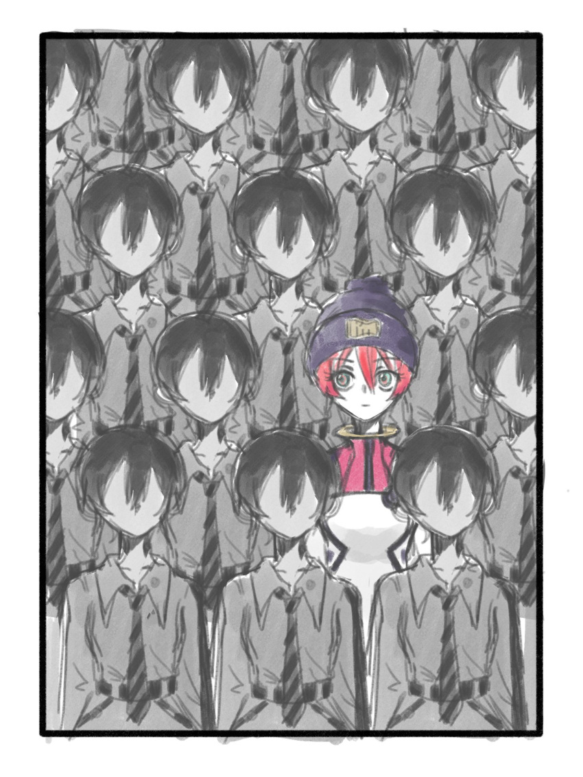 6+girls, amate_yuzuriha, aqua_eyes, beanie, border, collared_shirt, gundam, gundam_gquuuuuux