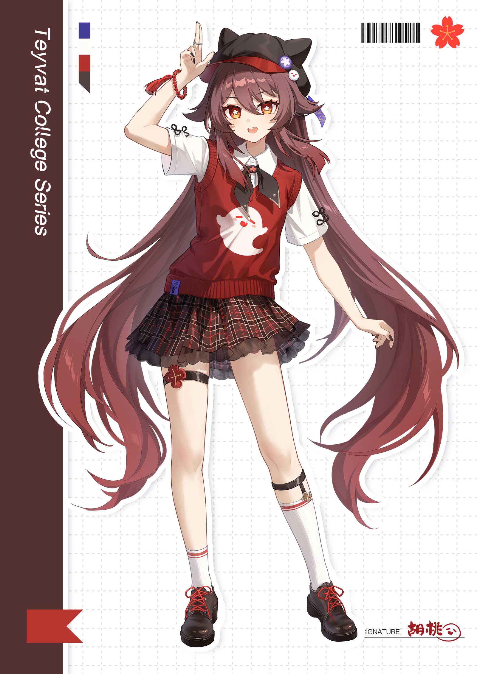 1girl, alternate_costume, asymmetrical_legwear, black_hat, black_shoes, brown_hair, character_name, collared_shirt