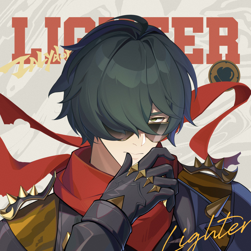 1boy, absurdres, black_gloves, gloves, green_eyes, green_hair, hair_over_one_eye, highres